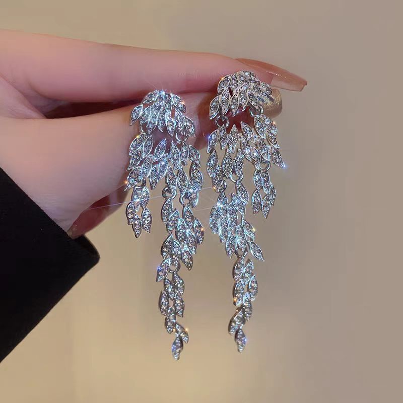14K Gold-Plated Zircon Leaf Tassel Earrings