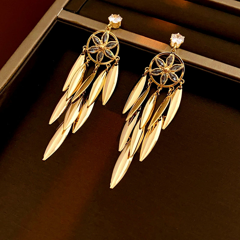 14K Gold-Plated Zircon Leaf Tassel Earrings