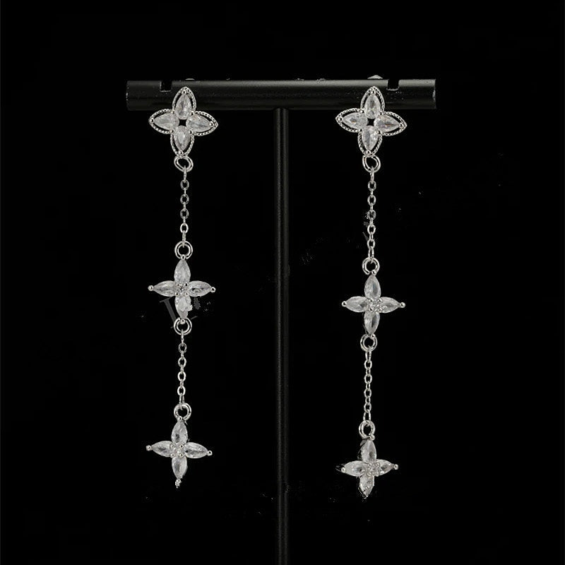 14K Gold-Plated Zircon Leaf Tassel Earrings