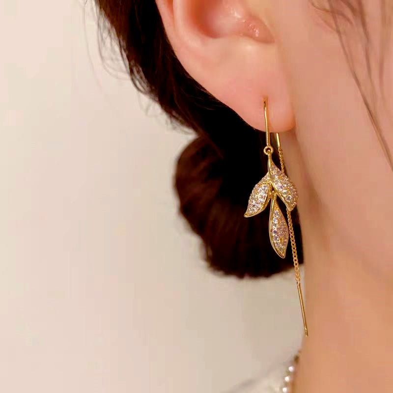 14K Gold-Plated Zircon Leaf Threader Tassel Earrings