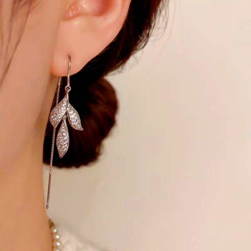 14K Gold-Plated Zircon Leaf Threader Tassel Earrings