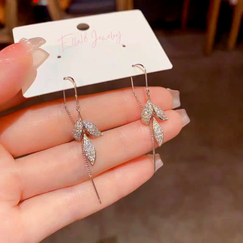 14K Gold-Plated Zircon Leaf Threader Tassel Earrings