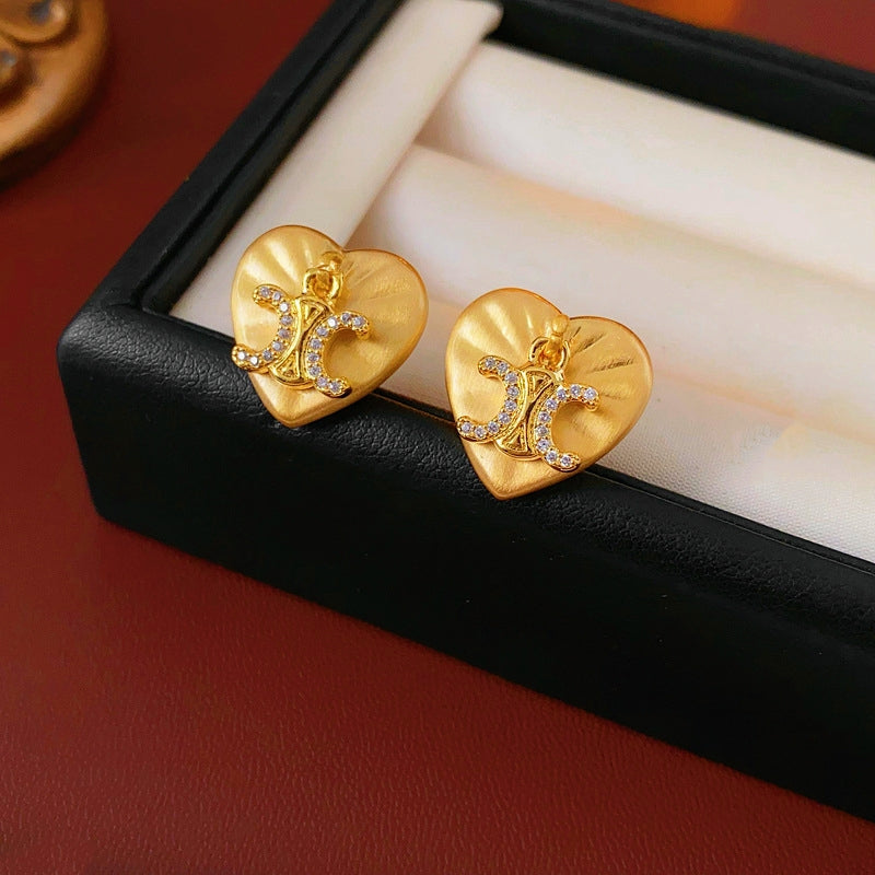 14K Gold-Plated Zircon Letter Heart Stud Earrings