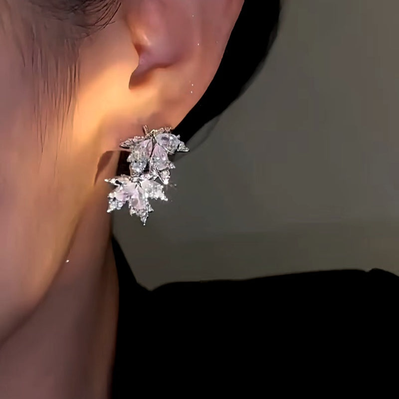 14K Gold-Plated Zircon Maple Leaf Earrings