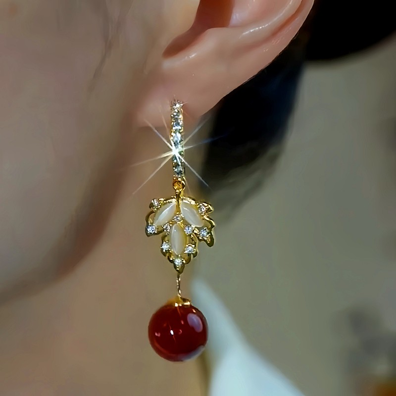 14K Gold-Plated Zircon Maple Leaf Pearl Earrings