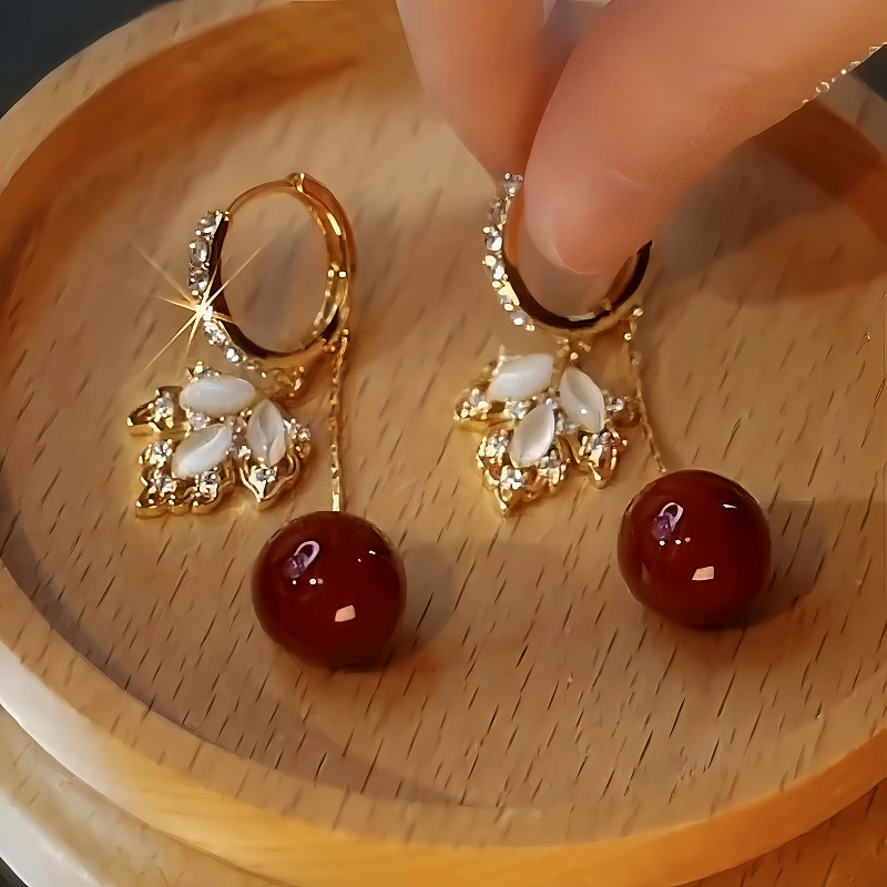 14K Gold-Plated Zircon Maple Leaf Pearl Earrings