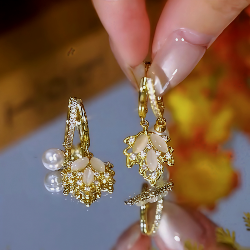 14K Gold-Plated Zircon Maple Leaf Pearl Earrings