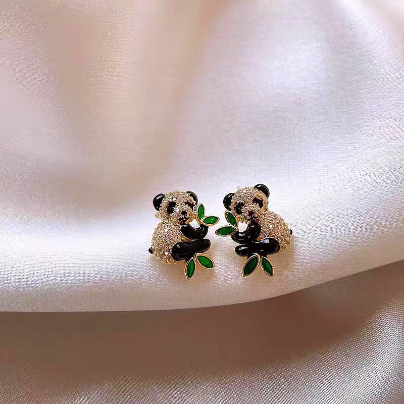 14K Gold-Plated Zircon Panda Stud Earrings