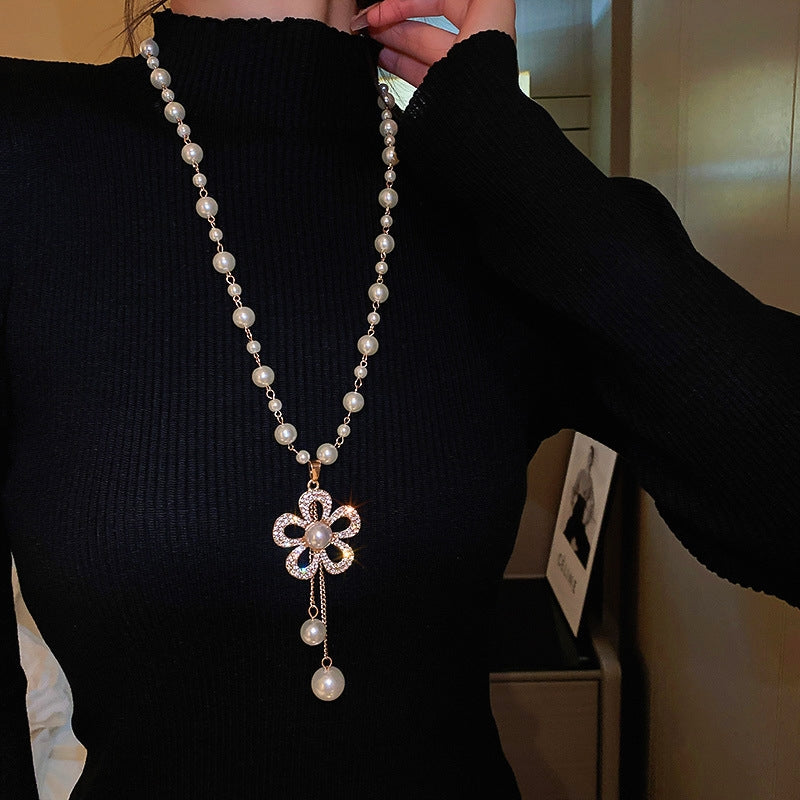 14K Gold-Plated Zircon Pearl Flower Necklace