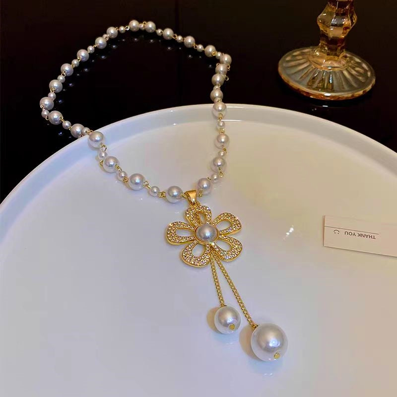 14K Gold-Plated Zircon Pearl Flower Necklace