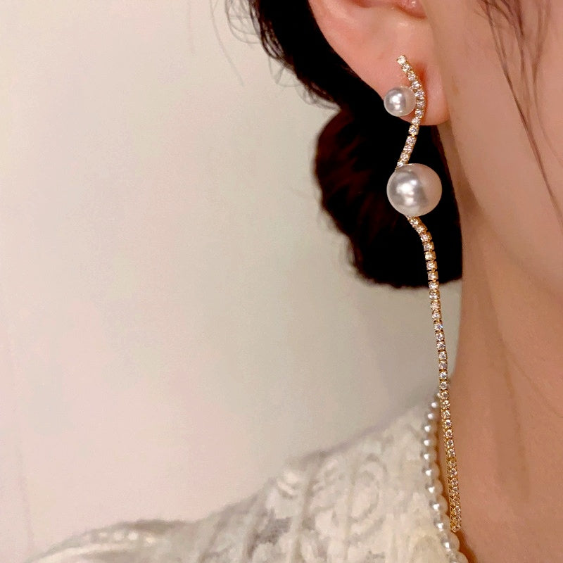 14K Gold-Plated Zircon Pearl Long Tassel Earrings