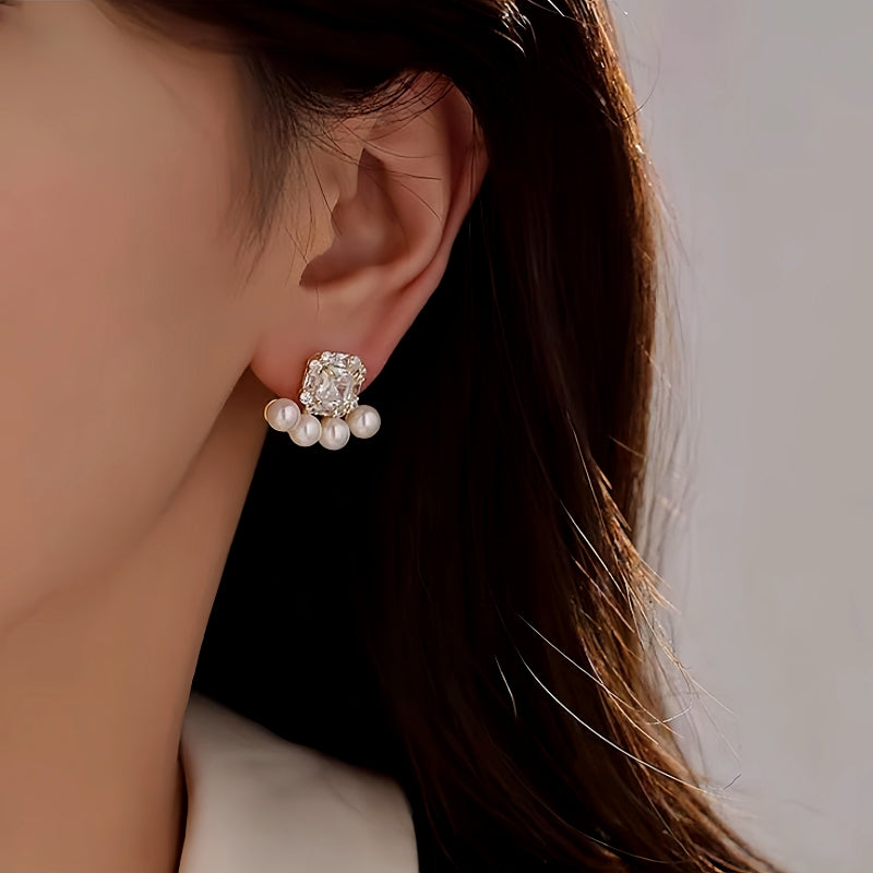 14K Gold-Plated Zircon Pearl Stud Earrings