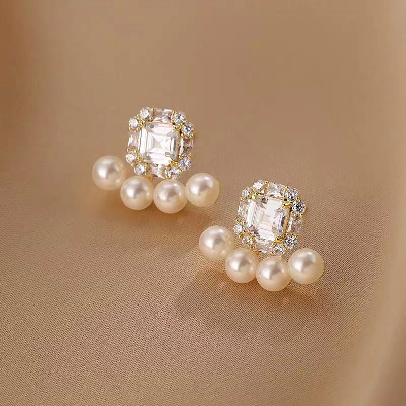 14K Gold-Plated Zircon Pearl Stud Earrings