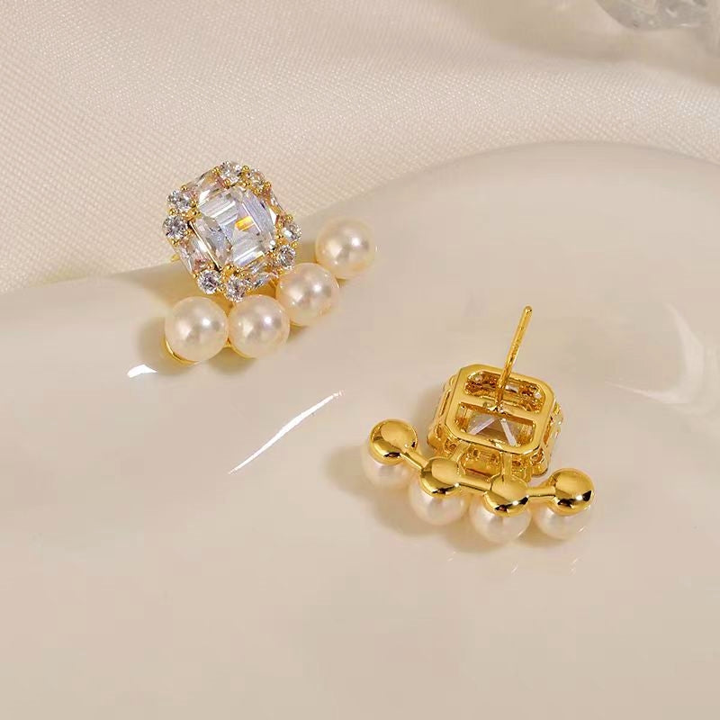 14K Gold-Plated Zircon Pearl Stud Earrings