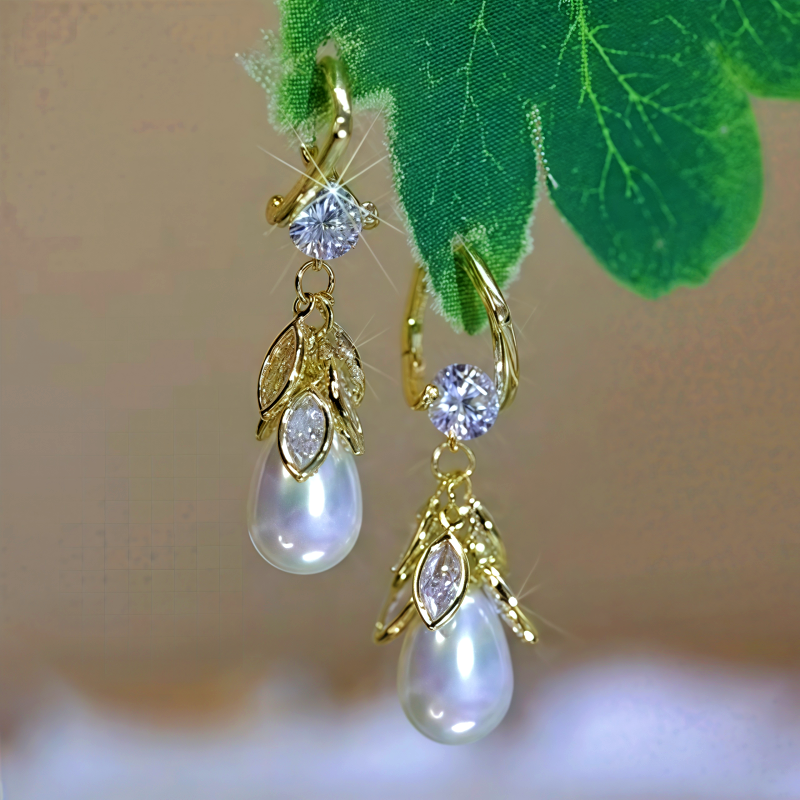 14K Gold-Plated Zircon Pearl Tasel Earrings