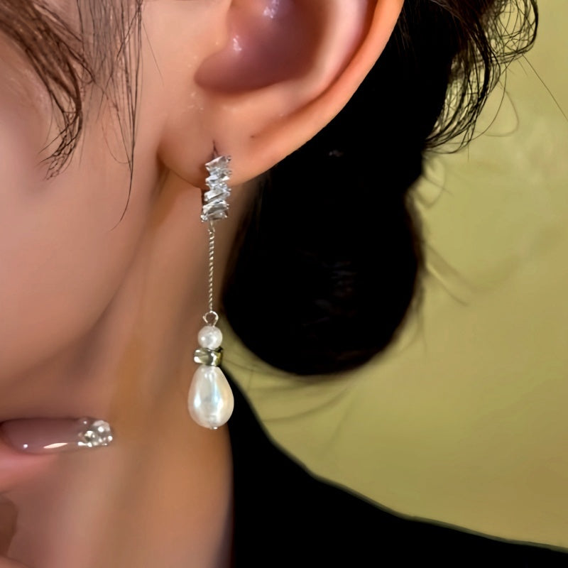 14K Gold-Plated Zircon Pearl Tassel Earrings
