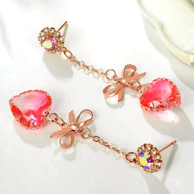 14K Gold-Plated Zircon Pink Bow Tassel Heart-Shaped Earrings