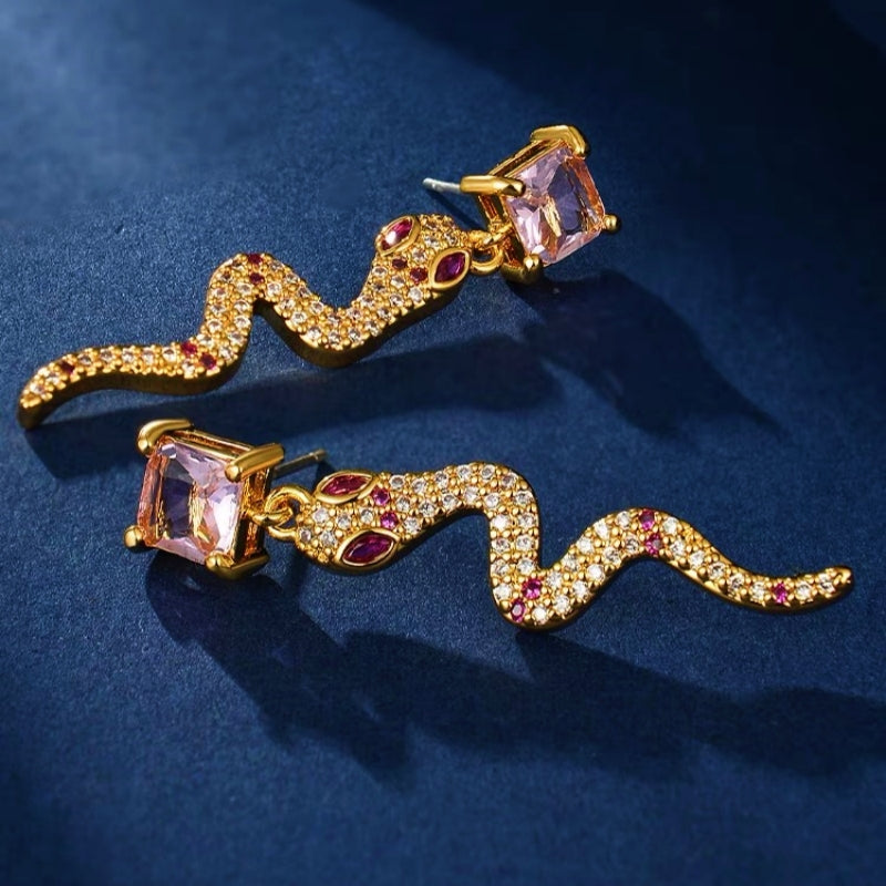14K Gold-Plated Zircon Pink Diamond Snake Earrings