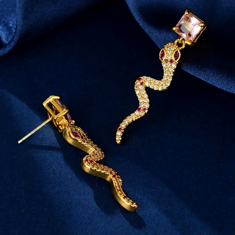14K Gold-Plated Zircon Pink Diamond Snake Earrings