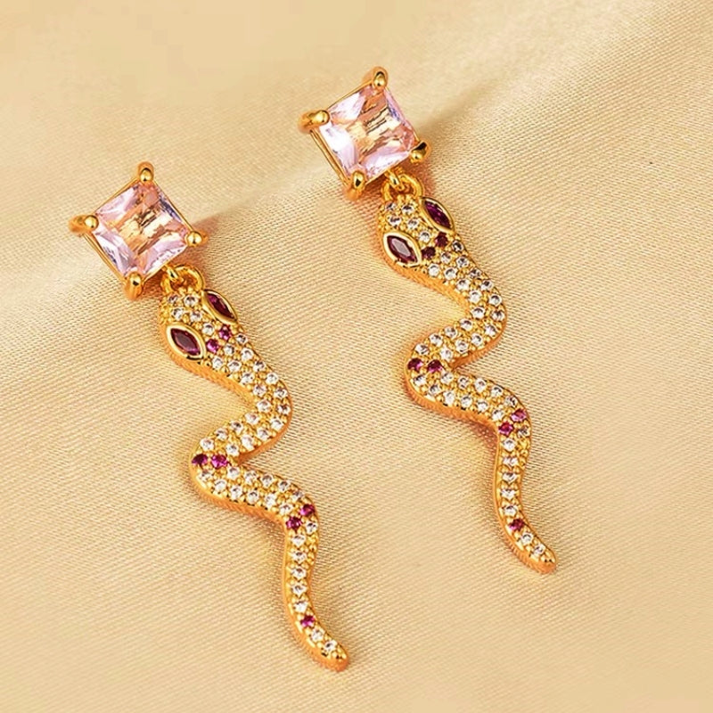 14K Gold-Plated Zircon Pink Diamond Snake Earrings
