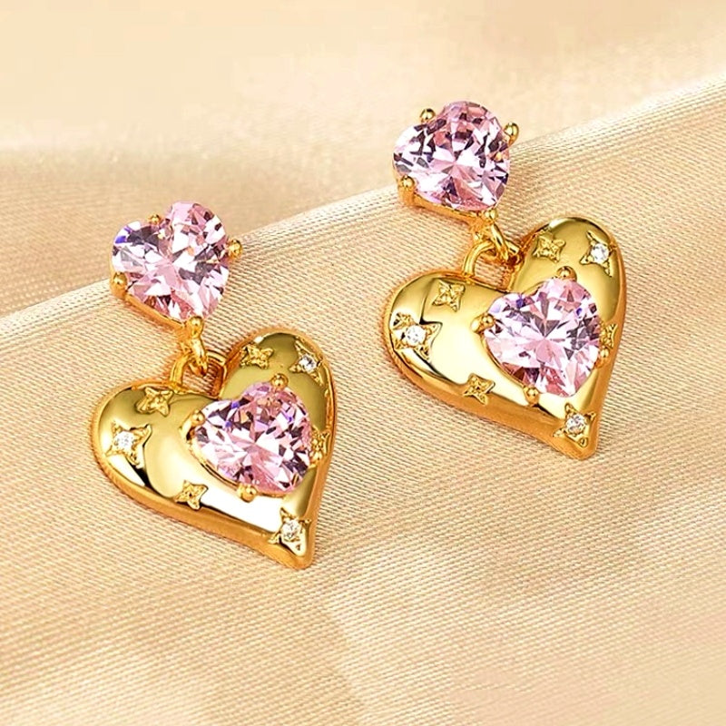 14K Gold-Plated Zircon Pink Double Heart-Shaped Earrings