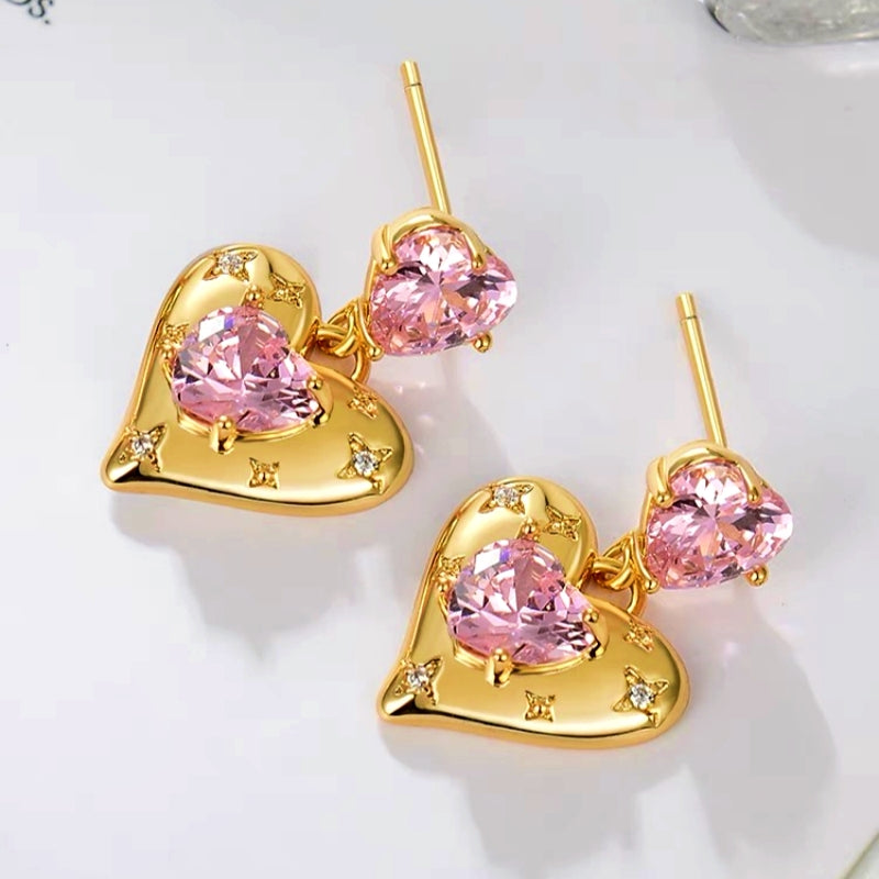 14K Gold-Plated Zircon Pink Double Heart-Shaped Earrings