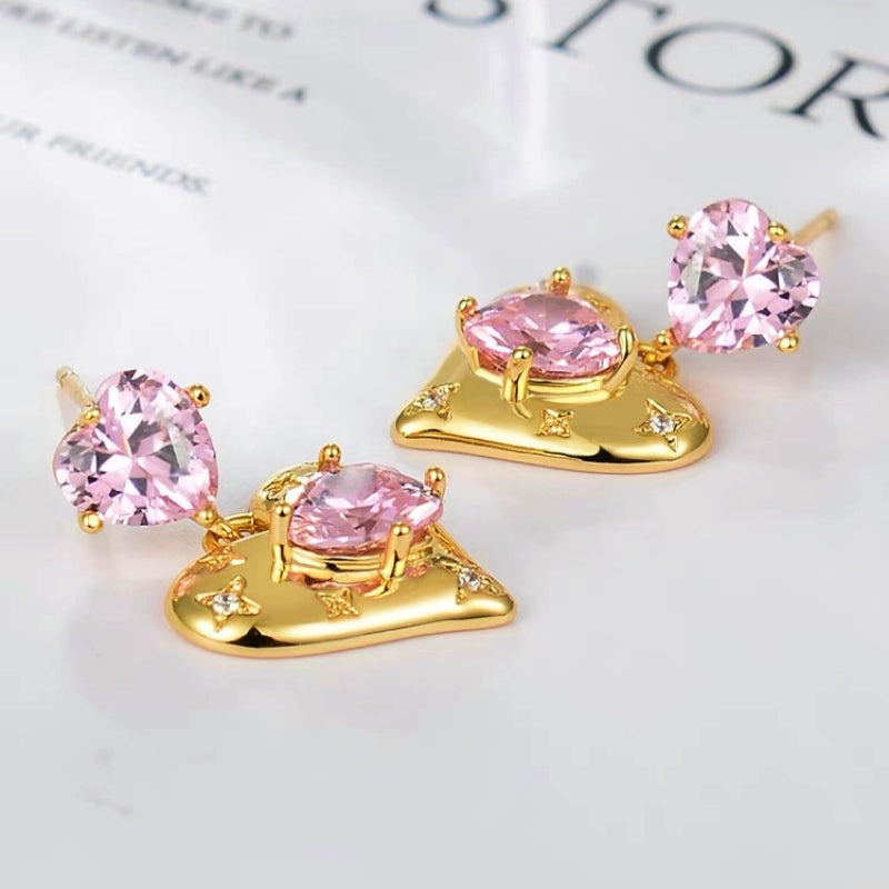 14K Gold-Plated Zircon Pink Double Heart-Shaped Earrings