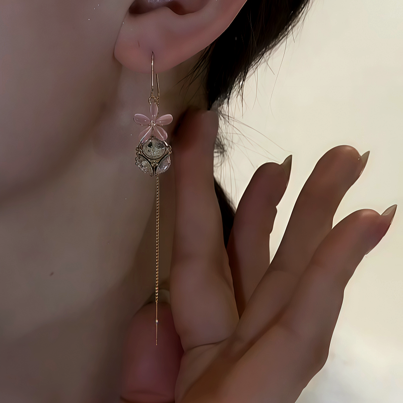 14K Gold-Plated Zircon Pink Flower Zircon Ball Threader Earrings