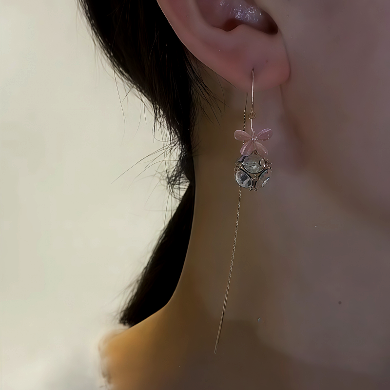 14K Gold-Plated Zircon Pink Flower Zircon Ball Threader Earrings