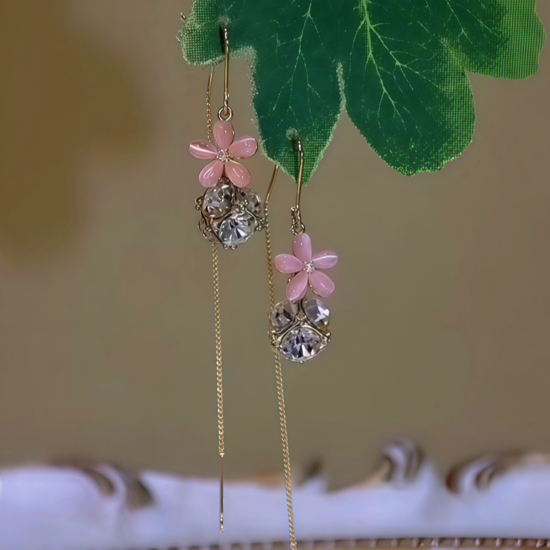 14K Gold-Plated Zircon Pink Flower Zircon Ball Threader Earrings