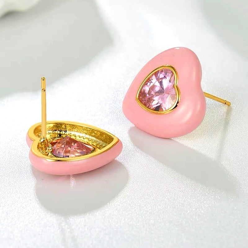 14K Gold-Plated Zircon Pink Heart Earrings