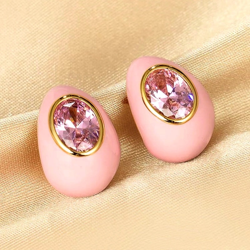 14K Gold-Plated Zircon Pink Water Drop Enamel Earrings