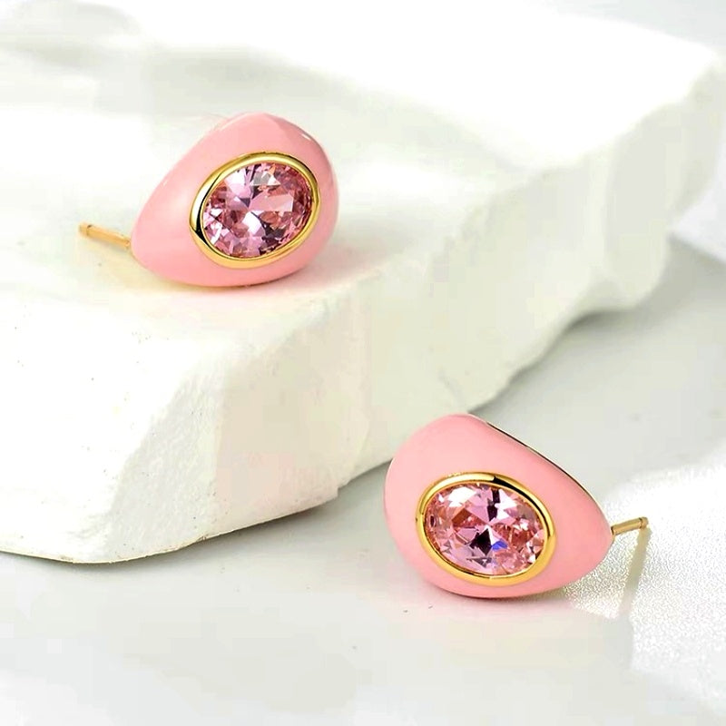 14K Gold-Plated Zircon Pink Water Drop Enamel Earrings