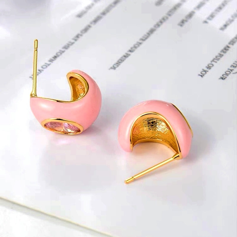 14K Gold-Plated Zircon Pink Water Drop Enamel Earrings