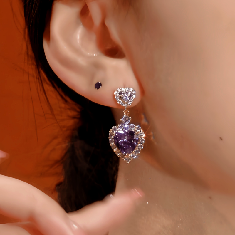 14K Gold-Plated Zircon Purple Heart Earrings