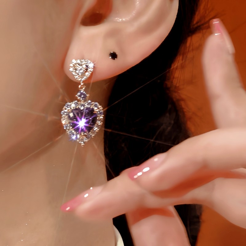 14K Gold-Plated Zircon Purple Heart Earrings