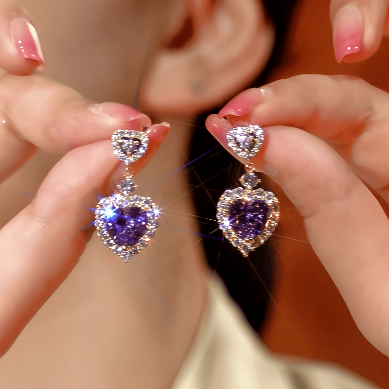 14K Gold-Plated Zircon Purple Heart Earrings