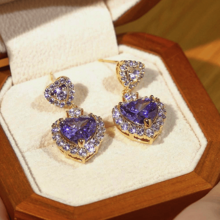 14K Gold-Plated Zircon Purple Heart Earrings