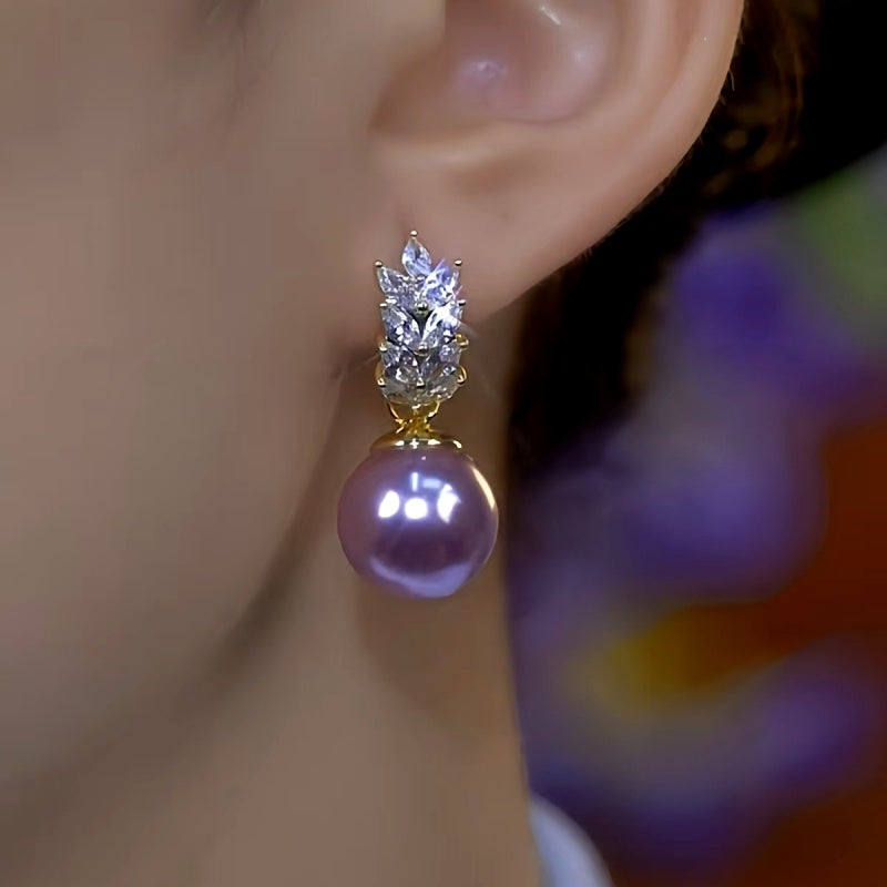 14K Gold-Plated Zircon Purple Pearl Wheat Earrings