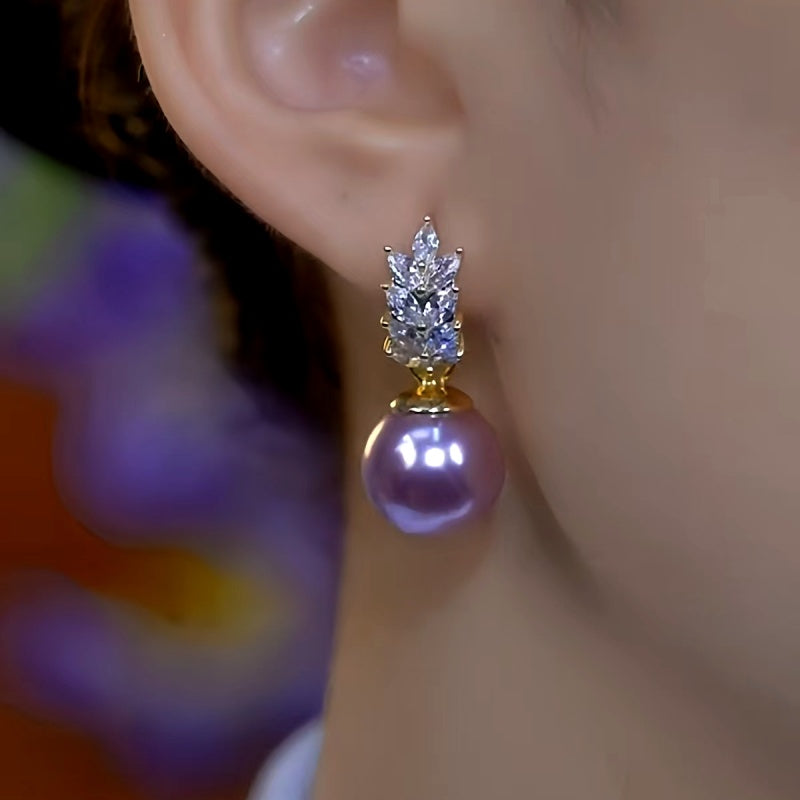 14K Gold-Plated Zircon Purple Pearl Wheat Earrings