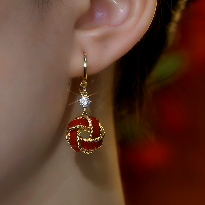 14K Gold-Plated Zircon Red Ball Earrings