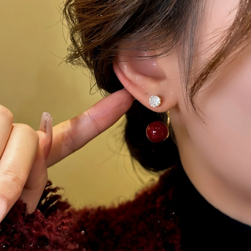 14K Gold-Plated Zircon Red Bead Earrings