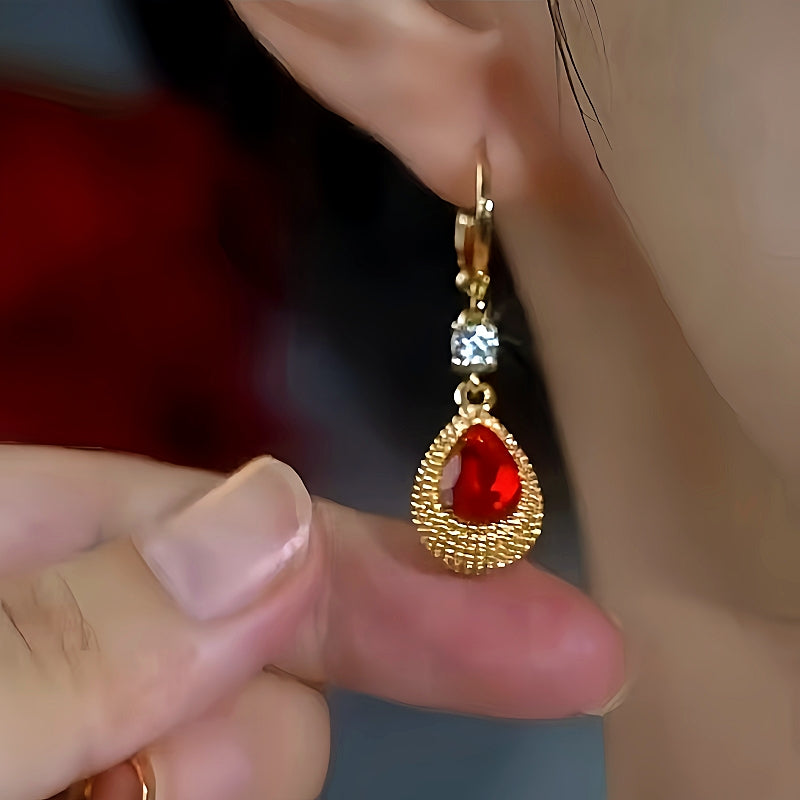 14K Gold-Plated Zircon Red Crystal Drop Earrings