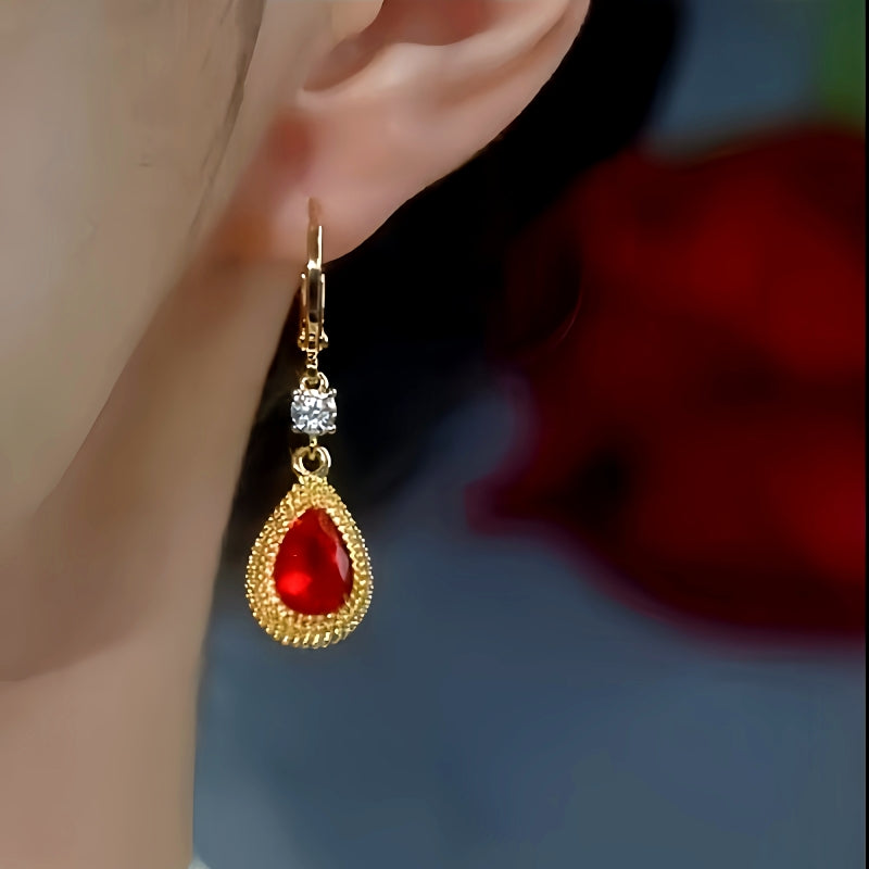 14K Gold-Plated Zircon Red Crystal Drop Earrings