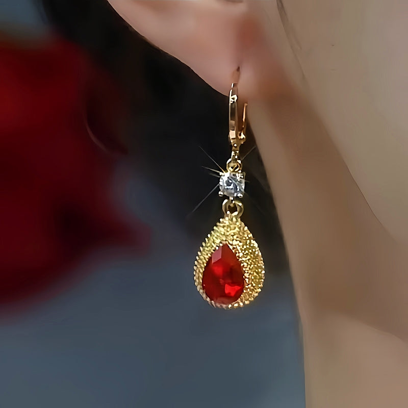 14K Gold-Plated Zircon Red Crystal Drop Earrings