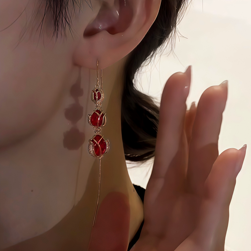 14K Gold-Plated Zircon Red Crystal Tulip Flower Threader Earrings