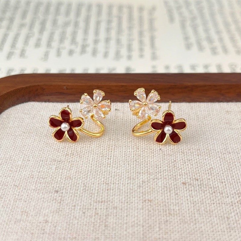 14K Gold-Plated Zircon Red Flower Earrings