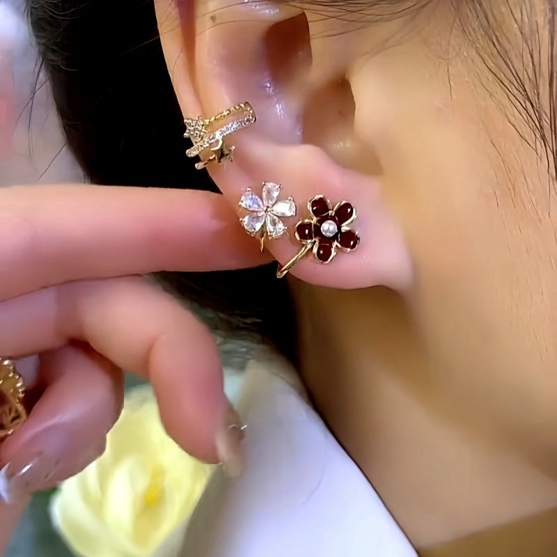 14K Gold-Plated Zircon Red Flower Earrings