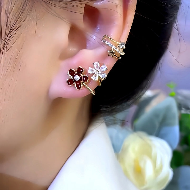 14K Gold-Plated Zircon Red Flower Earrings