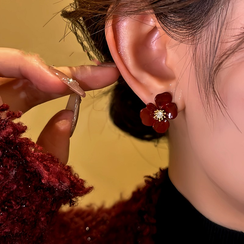 14K Gold-Plated Zircon Red Glaze Flower Stud Earrings